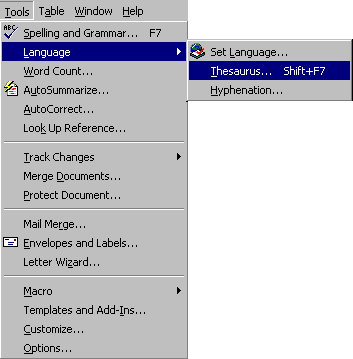 Tools Menu, Thesaurus selected