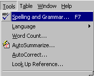 Tools Menu, spelling selected
