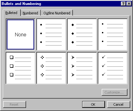 Bullets and Numbering Dialog Box