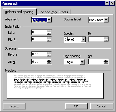 Format paragraph dialog box